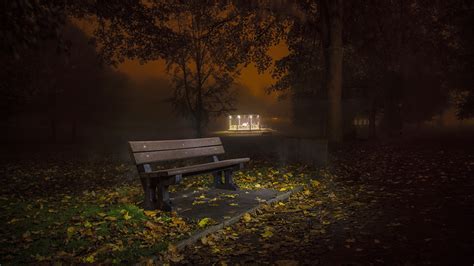 Pictures Autumn Nature Park Bench Night Time 1920x1080