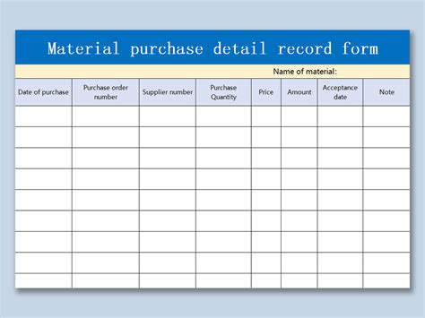 Excel Of Material Purchase Detail Record Formxlsx Wps Free Templates