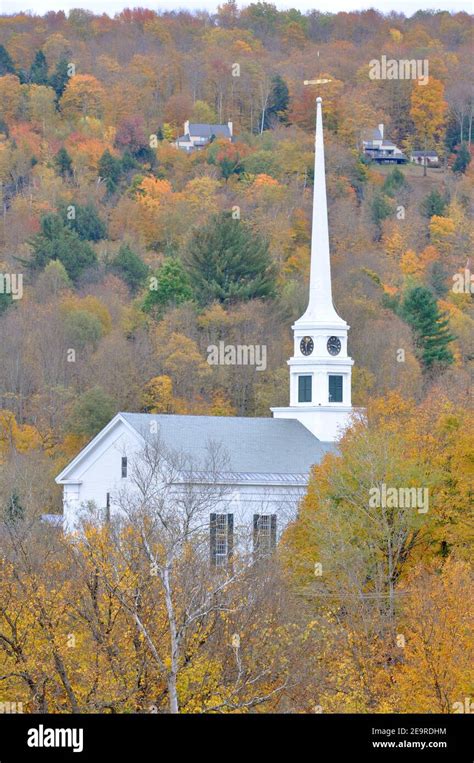 Stowe Community Church With New England Fall Foliage At The Background