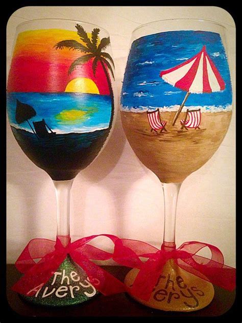 Beach Themed Wine Glasses Hand Painted Beach Glasses Beach House Glasses Sunset Beach Art B