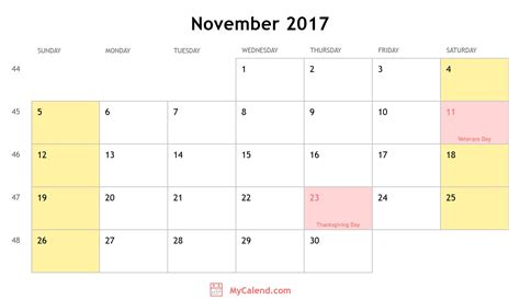 November 2017 Calendar With Holidays Monthly Printable Calendar