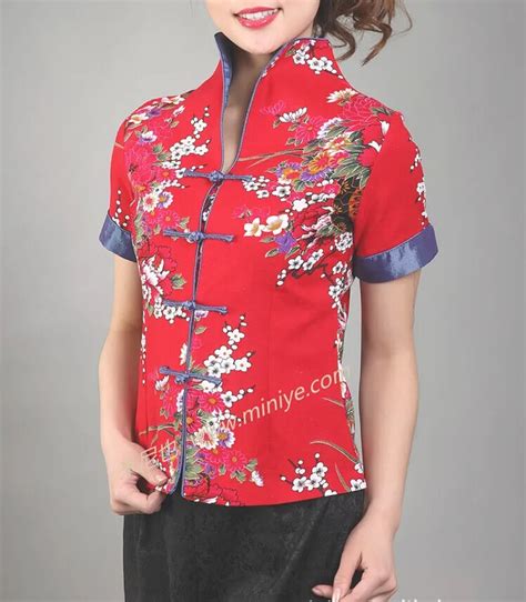 hot sale red traditional chinese style women s cotton shirt top v neck short sleeves clothing