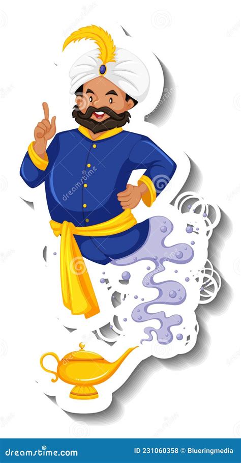 Genie Coming Out Of Magic Lamp Cartoon Character Sticker Stock Vector