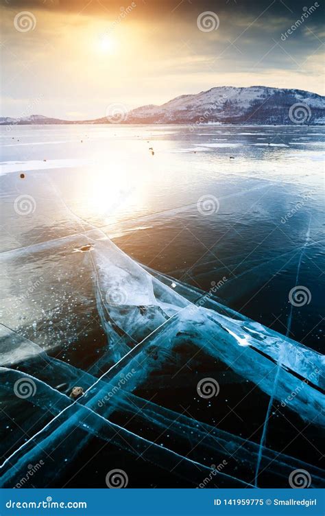 Cracked Ice On The Frozen Lake Stock Image Image Of Cold Lake