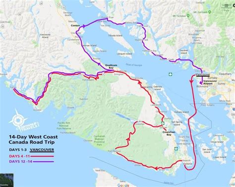 A Map Showing The Route To 14 Day West Coast Canada Road Trip