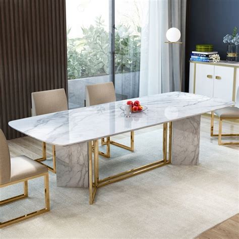 Modern Stylish 79 White Faux Marble Dining Table Rectangular Table In