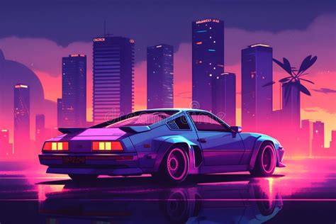 Futuristic Retro Wave Synth Wave Car Neural Network AI Generated Stock