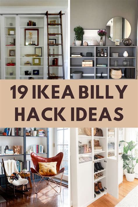 The Words 19 Ikea Billy Hack Ideas Are In Front Of Some Shelves And Chairs