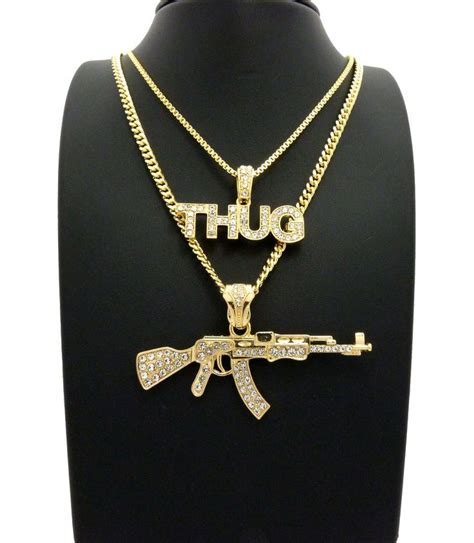 Iced Out Thug And Ak47 Pendant And Box And Cuban Chain Hip Hop Necklaces Set