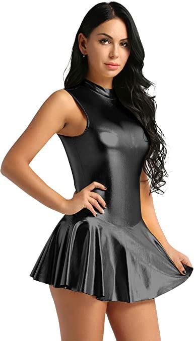 Dpois Woman Faux Leather Shiny Club Dress Turtleneck Wet Look Mini