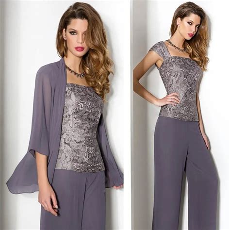 3 Piece Purple Mother Of The Bride Chiffon Pant Suits With Jacket Lace Tunic Trousers For