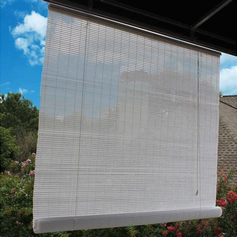 White Corded Light Filtering Privacy Pvc Exterior Roll Up Patio Sun Shade In W X In L