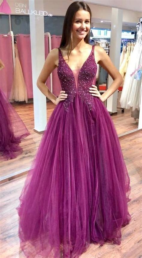 Floor Length U Back Tulle Plum Purple Prom Dress With Beading Topc0856