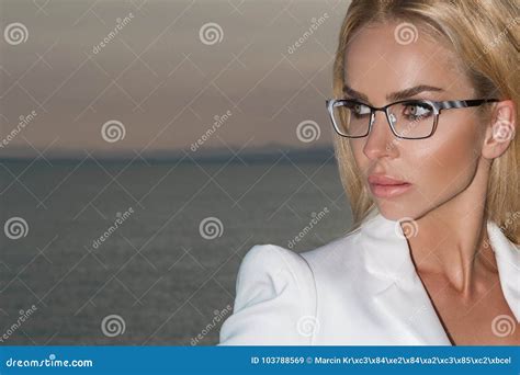 Beautiful Elegant Blonde Female Model In Eyeglasses Stock Image Image Of Fashion Island