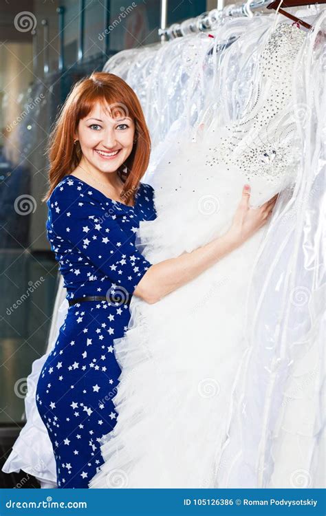 Beautiful Girl Chooses Her Wedding Dress Portrait In Bridal Sa Stock