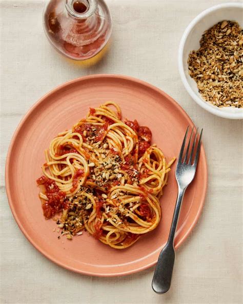 Vegan Latest Meera Sodhas Vegan Recipe For Kimchi And Tomato Spaghetti With Sesame Breadcrumbs