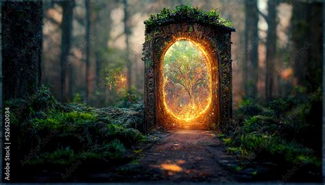 Spectacular Fantasy Scene With A Portal Archway Covered In Creepers In