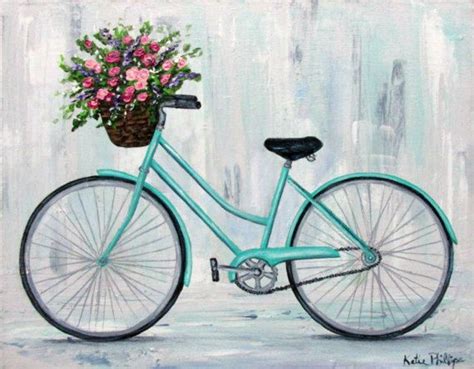 Blue Bicycle Painting Vintage Bicycle With Flowers In Basket Bicycle