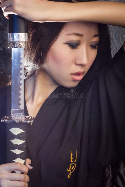Beautiful Asian Girl In Kimono With A Katana Stock Image Image Of