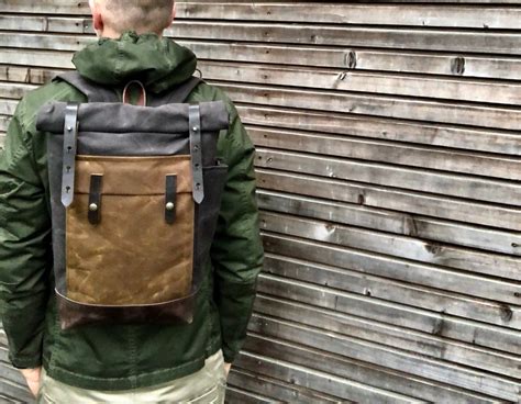 Waxed Canvas Leather Backpack Medium Size Hipster Backpack With Roll