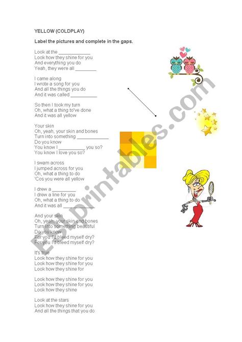 Yellow Coldplay Esl Worksheet By Mabies