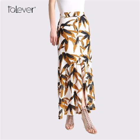 Fashion Women Middle Split Long Skirt Female Elegant A Line Tropical Plant Print High Waist