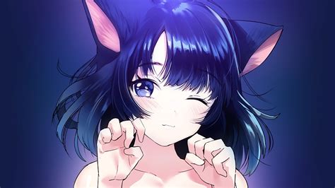 Wallpaper Neko Blue Hair Wink Cat Ears Anime Girl Resolution