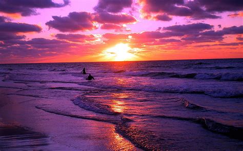 Hd Wallpaper Seashore Sunset Landscape Purple Orange Waves Beach