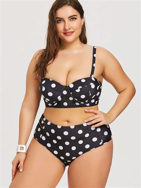 Polka Dot Plus Size Retro High Rise Swimsuit Bustier Bikini Biquini
