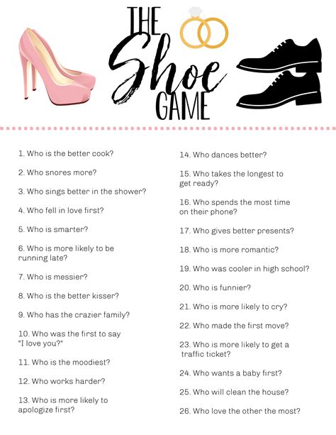 Wedding Shoe Game Questions Pdf How To Play The The Wedding Shoe Game 50 Question Ideas