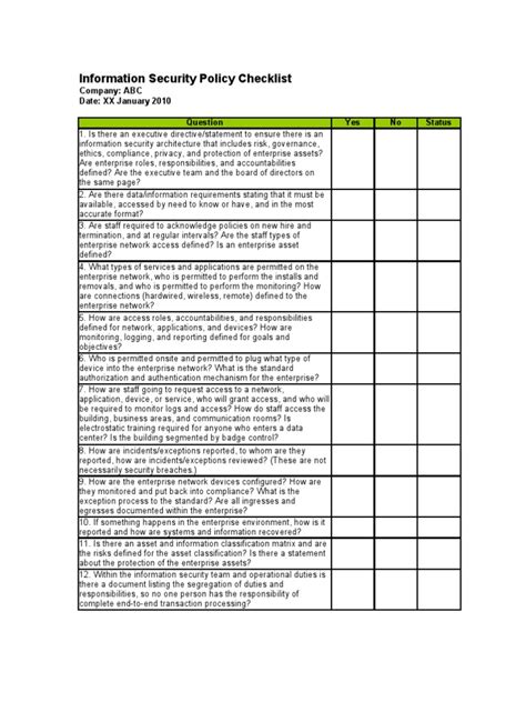 Basic computer security checklist there are some basic things that everyone of us in every operating system need to do − check if the user is password protected. Information Security Policy Checklist | Information ...