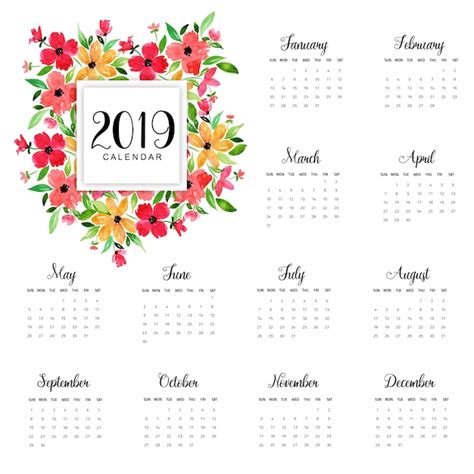Premium Vector 2019 Annual Calendar With Watercolor Floral