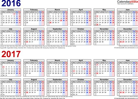 Two Year Calendars For 2016 And 2017 Uk For Excel