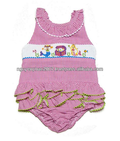 Girls Hot Pink Gingham Smocked Mermaid Treasure Chest Ruffle Swimsuit