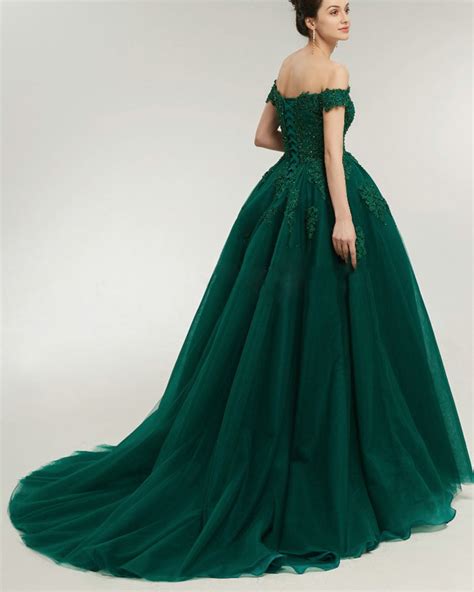 lace off the shoulder emerald green prom dress ball gown evening forma siaoryne