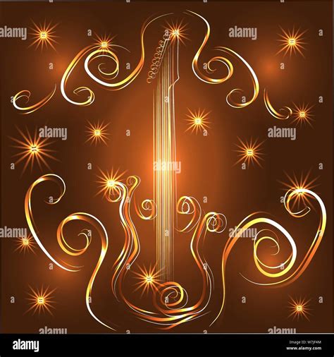 Elegant Golden Guitar Outline Glowing On A Dark Background Neon