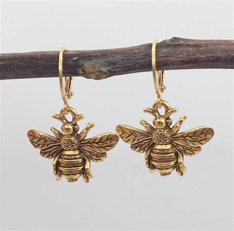 Gold Bee Earrings Gold Bee Dangles Honey Bee Earrings Lever Back Bee