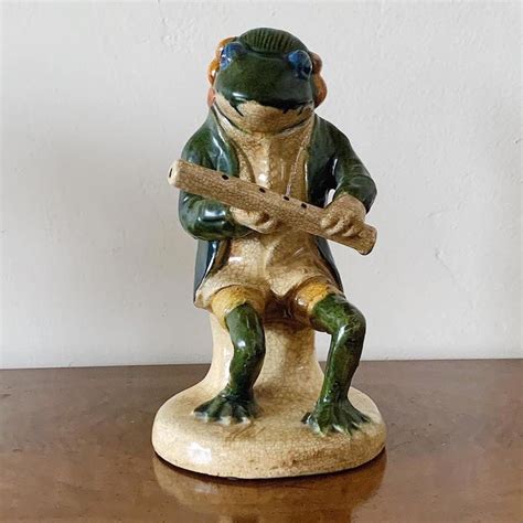 Mid 20th Century Majolica Ceramic Frogs Playing Musical Instruments