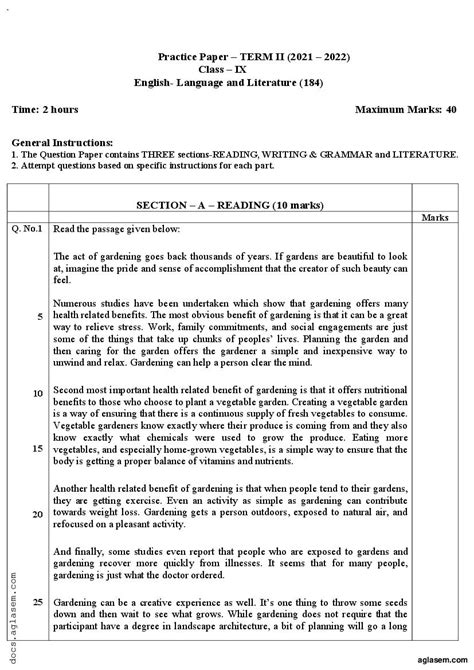 Class 9 Sample Paper 2022 English Term 2 With Solution Download Pdf Aglasem Schools
