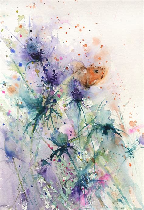 Contemporary Floral Art Print From Original Watercolour Butterfly On A
