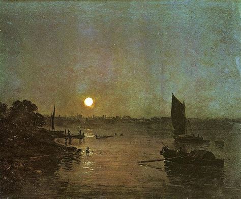 A Painting Of Boats In The Water At Sunset With A Full Moon Behind Them