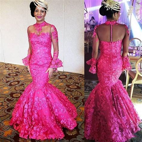 aso ebi fuchsia mermaid evening gowns 2019 high neck long sleeves appliques formal prom gowns