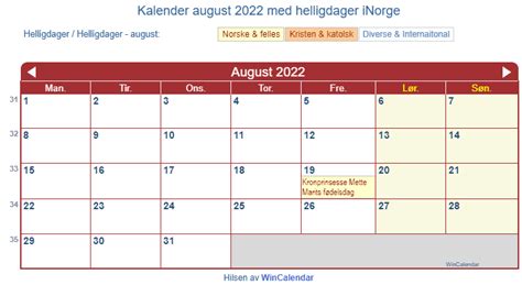 Kalender For Utskrift August 2022