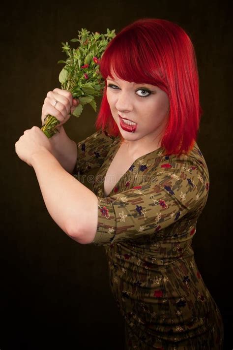 Punky Girl With Red Hair And Flowers Stock Photo Image Of Piercing
