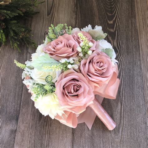 9 Inches Bride Bouquet Dusty Pink Silk Roses For Wedding
