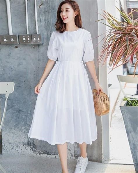 Korean Style Loose White Women Dress Long Sleeve Pleated Design A Line