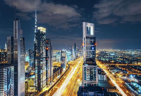 Scenic View Over Dubai Downtown Architecture Nighttime Skyline