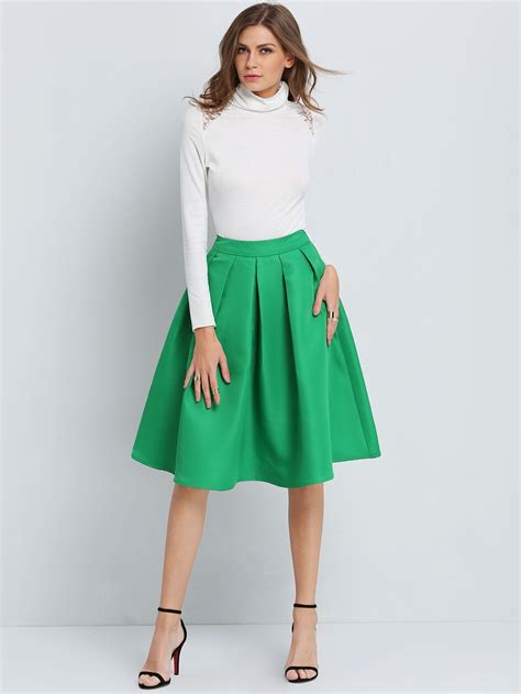 Green Flare Pleated Midi Skirt Fashion 2017 Womens Fashion Dresses