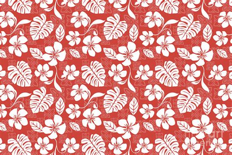 Red Hibiscus Hawaiian Flower Blooms And Tropical Leaves Pattern Digital