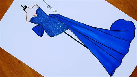 رسم فستان سهرة جميل باللون الأزرق سهل جدا للمبتدئين رسم فساتين سهرة رسم سهل Youtube